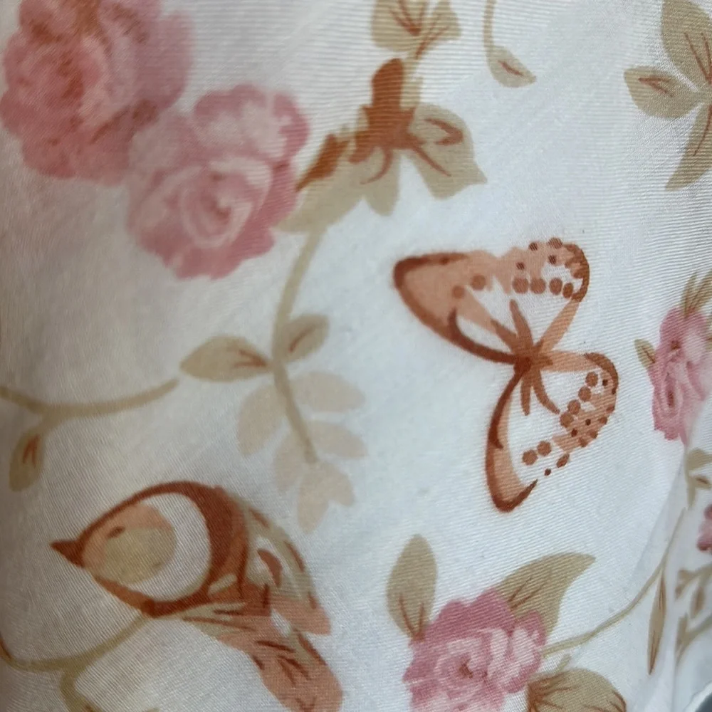 Cream/tan/brown/pink scarf with rose/bird/butterfly print